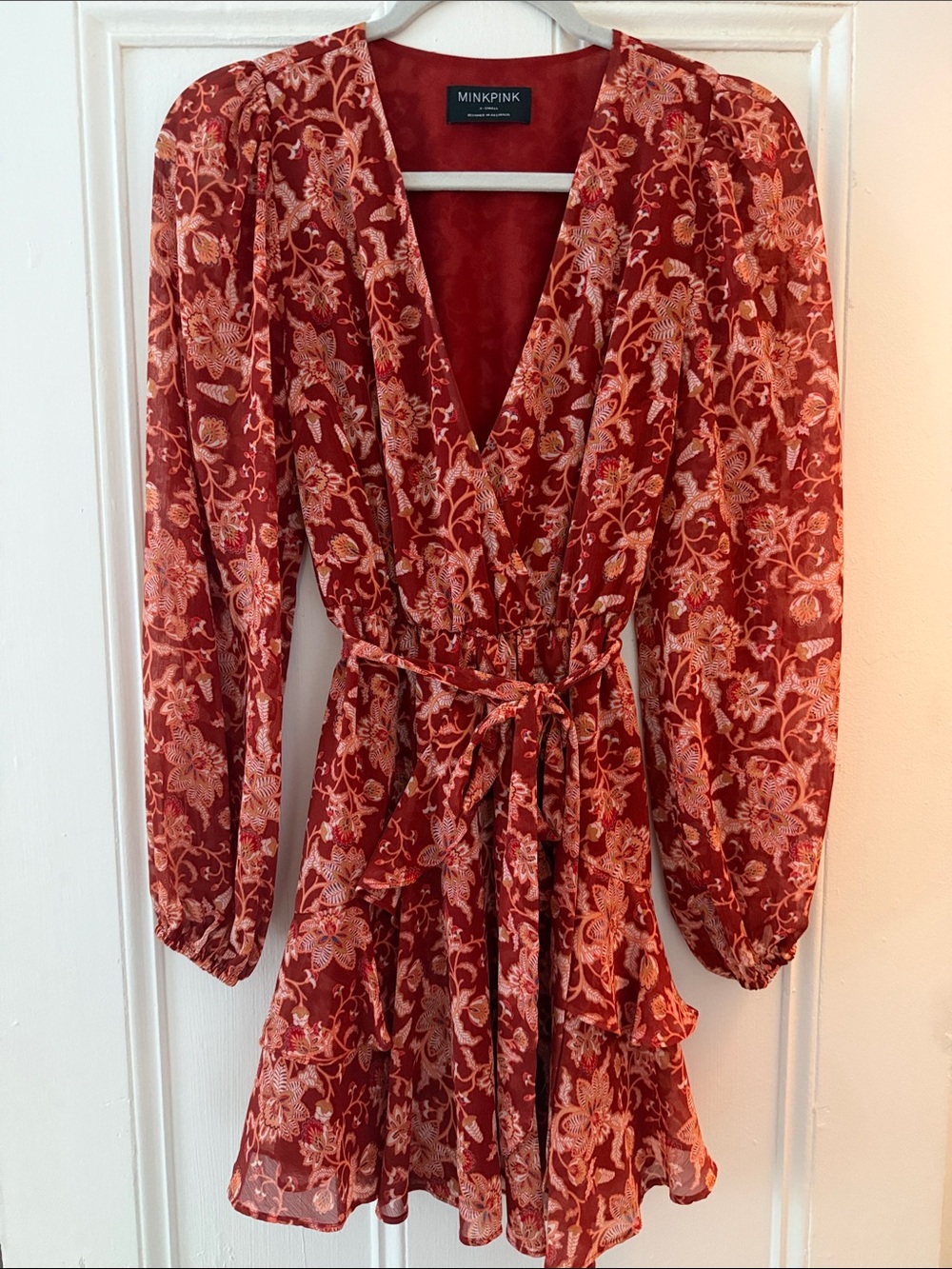 MINKPINK rust red floral wrap dress with long sleeves